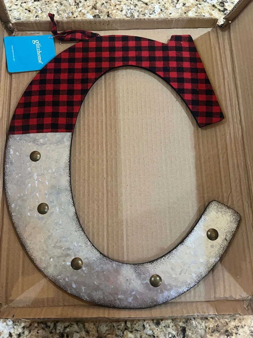 New - Glitzhome Christmas Letter “C” Wall Decor Buffalo Plaid NIB 18”